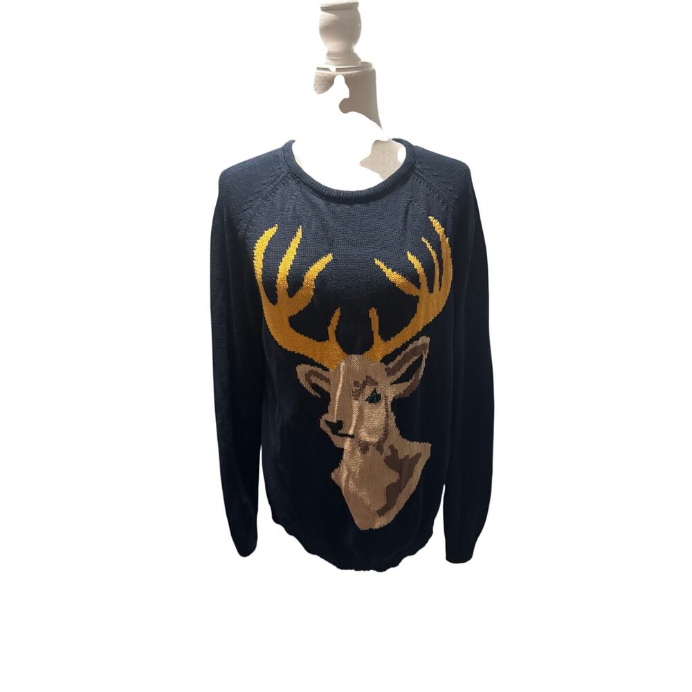 Roebuck & Co. Navy Stag Deer Intarsia Knit Crew Neck Sweater Men's Size M